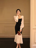 Ndyad Square Neck Contrast Color Stitching Slim Fishtail Dress HZ1024