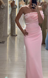 Ndyad Pink Sheath Long Prom Dresses Elegant Satin One Shoulder Evening Gowns HZ1024