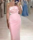 Ndyad Pink Sheath Long Prom Dresses Elegant Satin One Shoulder Evening Gowns HZ1024