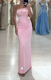 Ndyad Pink Sheath Long Prom Dresses Elegant Satin One Shoulder Evening Gowns HZ1024