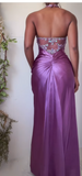 Ndyad Purple Sheath Long Prom Dresses Elegant Satin Halter Beaded Evening Gowns 22nd Birthday Dress HZ1024