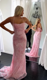 Ndyad Pink Mermaid Evening Gowns Spaghetti Strap Tulle Sequined Long Prom Dresses Stunning Beaded Birthday Dress HZ1024