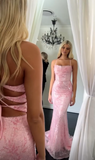 Ndyad Pink Mermaid Evening Gowns Spaghetti Strap Tulle Sequined Long Prom Dresses Stunning Beaded Birthday Dress HZ1024