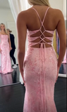 Ndyad Pink Mermaid Evening Gowns Spaghetti Strap Tulle Sequined Long Prom Dresses Stunning Beaded Birthday Dress HZ1024
