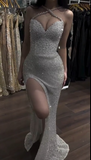 Ndyad White Mermaid Evening Gowns Halter Beaded Long Prom Dresses Sparkly Slit 23rd Birthday Dress HZ1024