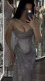 Ndyad Grey Sheath Evening Gowns Strapless Tulle Long Prom Dresses Sparkly Graduation Dress HZ1024