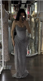 Ndyad Grey Sheath Evening Gowns Strapless Tulle Long Prom Dresses Sparkly Graduation Dress HZ1024