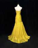 Ndyad Yellow Mermaid Evening Gowns Strapless Tulle Long Prom Dresses Vintage Formal Dresses HZ1024