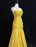 Ndyad Yellow Mermaid Evening Gowns Strapless Tulle Long Prom Dresses Vintage Formal Dresses HZ1024