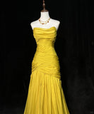 Ndyad Yellow Mermaid Evening Gowns Strapless Tulle Long Prom Dresses Vintage Formal Dresses HZ1024