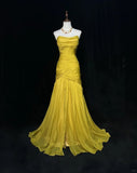 Ndyad Yellow Mermaid Evening Gowns Strapless Tulle Long Prom Dresses Vintage Formal Dresses HZ1024
