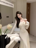 Ndyad one-shoulder knitted patchwork soft lace slim fishtail dress HZ1024