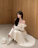 Ndyad one-shoulder knitted patchwork soft lace slim fishtail dress HZ1024