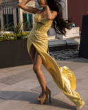 Ndyad Yellow Sheath Formal Dress Elegant Strapless Satin Evening Gowns Slit Graduation Prom Dresses HZ1024