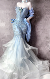 Ndyad Sweetheart Blue Sheath Formal Dress Elegant Tulle Applique Evening Gown Beaded Birthday Outfit HZ1024