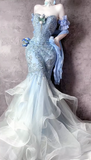 Ndyad Sweetheart Blue Sheath Formal Dress Elegant Tulle Applique Evening Gown Beaded Birthday Outfit HZ1024