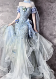 Ndyad Sweetheart Blue Sheath Formal Dress Elegant Tulle Applique Evening Gown Beaded Birthday Outfit HZ1024