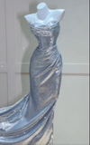 Ndyad Silver Sheath Formal Dress Elegant Sequin Spaghetti Strap Evening Gowns Birthday Dress HZ1024