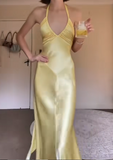 Ndyad Yellow Sheath Formal Dress Elegant Halter Satin Birthday Dress Backless Evening Dress HZ1024