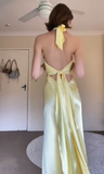 Ndyad Yellow Sheath Formal Dress Elegant Halter Satin Birthday Dress Backless Evening Dress HZ1024