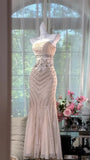 Ndyad Light Champagne Mermaid Evening Gown Tulle Spaghetti Strap Appliqu¨¦ Long Prom Dresses HZ1024