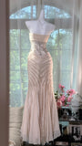 Ndyad Light Champagne Mermaid Evening Gown Tulle Spaghetti Strap Appliqu¨¦ Long Prom Dresses HZ1024