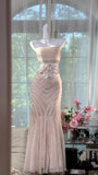 Ndyad Light Champagne Mermaid Evening Gown Tulle Spaghetti Strap Appliqu¨¦ Long Prom Dresses HZ1024