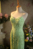 Ndyad Green Sheath Beaded Graduation Dress Spaghetti Straps Open Back Vintage Evening Gown 18th Birthday HZ1024
