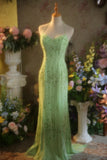 Ndyad Green Sheath Beaded Graduation Dress Spaghetti Straps Open Back Vintage Evening Gown 18th Birthday HZ1024