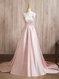 Evafashion Satin Beads Pink Long Prom Dress, Pink Long Formal Dress HZ1024