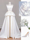 Ndyad Strapless Bridal Dress Lace Satin Bow A-Line Wedding Dress Bridal Dress HZ1024