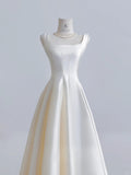Ndyad Ivory Square Neck Bridal Dress A-Line Satin Wedding Dress Simple Bridesmaid Dress HZ1024