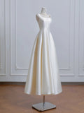 Ndyad Ivory Square Neck Bridal Dress A-Line Satin Wedding Dress Simple Bridesmaid Dress HZ1024