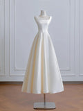 Ndyad Ivory Square Neck Bridal Dress A-Line Satin Wedding Dress Simple Bridesmaid Dress HZ1024