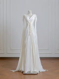 Ndyad Light Champagne V-Neck Bridal Gown Sheath Chiffon Wedding Dress Modest Applique Bridal Dress HZ1024