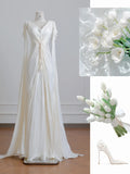 Ndyad Light Champagne V-Neck Bridal Gown Sheath Chiffon Wedding Dress Modest Applique Bridal Dress HZ1024