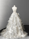 Ndyad White A-Line Bridal Gown Strapless Beaded Sequin Wedding Dress Modest 3D Butterfly Bridal Dress HZ1024