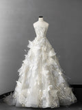 Ndyad White A-Line Bridal Gown Strapless Beaded Sequin Wedding Dress Modest 3D Butterfly Bridal Dress HZ1024