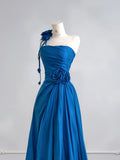 Ndyad Blue A-Line Evening Dress Satin Birthday Wear Strapless Graduation Prom Dresses HZ1024