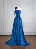 Ndyad Blue A-Line Evening Dress Satin Birthday Wear Strapless Graduation Prom Dresses HZ1024