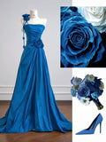 Ndyad Blue A-Line Evening Dress Satin Birthday Wear Strapless Graduation Prom Dresses HZ1024