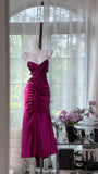 Ndyad Fuchsia Sheath Evening Dress Satin Birthday Outfit Spaghetti Straps Vintage Party Dresses HZ1024