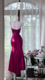 Ndyad Fuchsia Sheath Evening Dress Satin Birthday Outfit Spaghetti Straps Vintage Party Dresses HZ1024