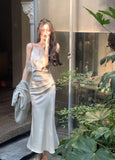 Ndyad Green Halter Neck Satin Strap Fishtail Dress HZ1024
