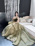 Ndyad Olive Green A-Line Long Prom Dresses Tulle Spaghetti Strap Evening Dress Sweet 16 Dress HZ1024