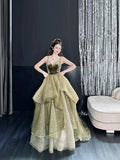 Ndyad Olive Green A-Line Long Prom Dresses Tulle Spaghetti Strap Evening Dress Sweet 16 Dress HZ1024