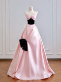 Ndyad Pink A-Line Long Prom Dresses Satin Sweetheart Formal Evening Dress Sweet 16 Dress HZ1024