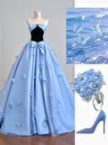 Ndyad Blue A-Line Long Prom Dresses Satin Sweetheart Bow Formal Evening Dress Sweet 16 Dress HZ1024