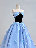 Ndyad Blue A-Line Long Prom Dresses Satin Sweetheart Bow Formal Evening Dress Sweet 16 Dress HZ1024