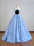 Ndyad Blue A-Line Long Prom Dresses Satin Sweetheart Bow Formal Evening Dress Sweet 16 Dress HZ1024